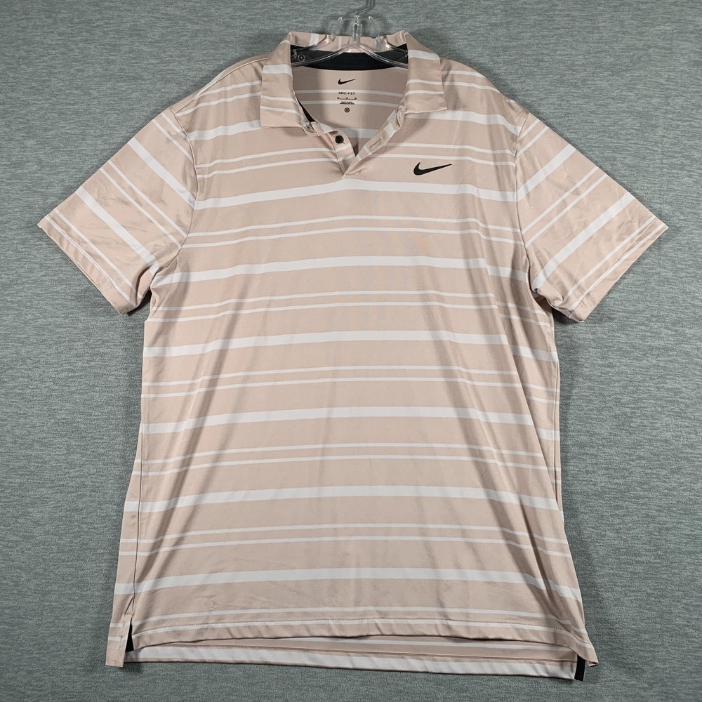 Nike Polo Shirt Mens XL Pink Stripe Dri-FIT Golf Performance Short Sleeve